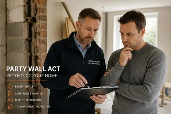 Party wall surveyor Malvern discussing extension plans with homeowner outside a UK semi-detached house.